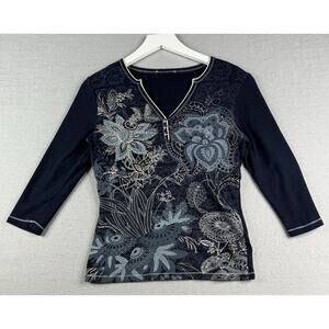Vtg Blue Canyon Knit Top Womens Size S Blue Floral Y2K Studded 100% Cotton USA